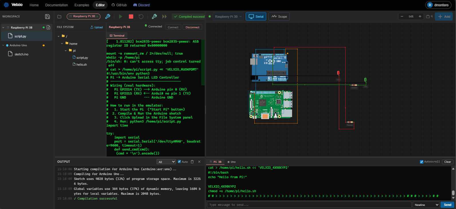 Raspberry Pi 3 connected to Arduino on the same canvas