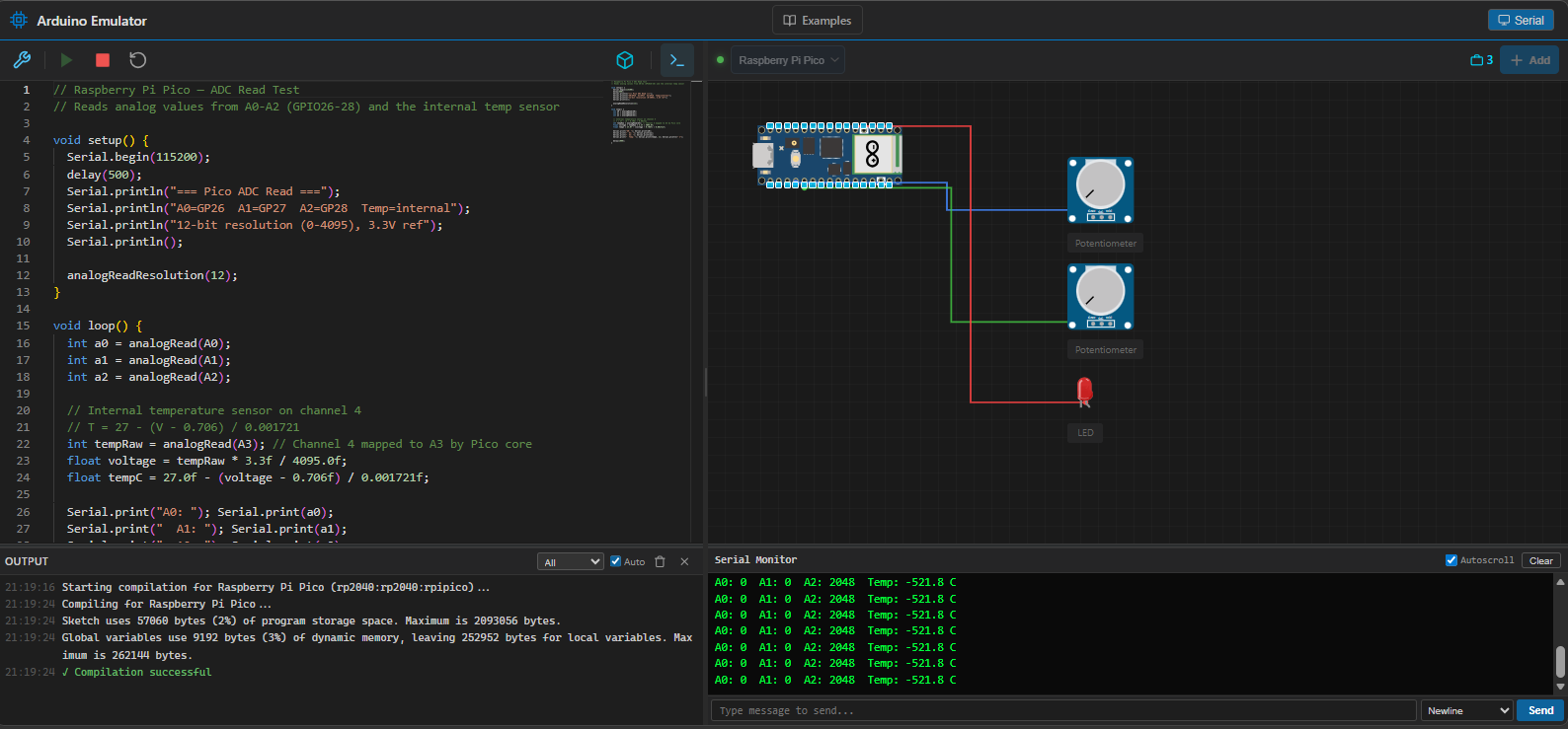 Raspberry Pi Pico ADC simulation with Serial Monitor